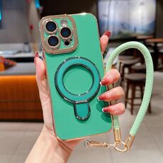 Per iPhone 14 Pro Max Charm Eye Custodia per telefono con supporto in metallo galvanico con cordino (verde)