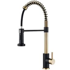 Rubinetto a molla estraibile per cucina, doppia modalità di uscita dell'acqua, miscelatore per acqua calda/fredda (nero + oro)