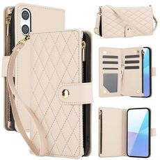 Per Sony Xperia 10 VI YM016 Rhombic Zipper Card Wallet Custodia per telefono in pelle con cordino (albicocca)
