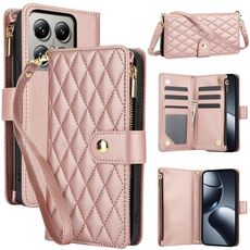 Per Xiaomi 14T 5G YM016 Custodia in pelle con cerniera rombica e cordino (oro rosa)