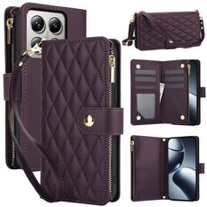 Per Xiaomi 14T 5G YM016 Custodia in pelle con cerniera rombica e cordino (viola scuro)