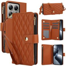 Per Xiaomi 14T 5G YM016 Custodia in pelle con cerniera rombica e cordino (marrone)