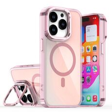Per iPhone 15 Pro Plating Gradient Discolor Custodia per telefono MagSafe con supporto (rosa)