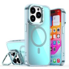 Per iPhone 15 Pro Plating Gradient Discolor Custodia per telefono MagSafe con supporto (blu)