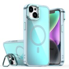 Per iPhone 14 Plating Gradient Discolor Custodia per telefono MagSafe con supporto (blu)