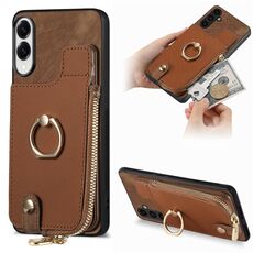 Per Samsung Galaxy S25 Edge 5G Custodia per telefono con cerniera verticale e anello in pelle incrociata (marrone)