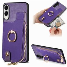 Per Samsung Galaxy S25 Edge 5G Custodia per telefono con cerniera verticale e anello in pelle incrociata (viola)