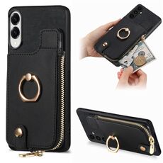 Per Samsung Galaxy S25 Edge 5G Custodia per telefono con cerniera verticale e anello in pelle incrociata (nero)