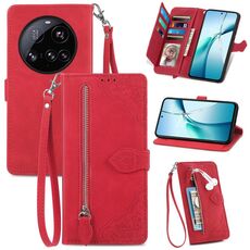 Per Xiaomi 15 Ultra Custodia in pelle con cerniera e motivo floreale in rilievo (rosso)