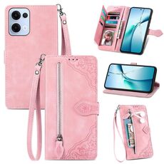 Per OPPO Reno13 Custodia in pelle con cerniera e motivo floreale in rilievo (rosa)