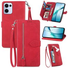 Per OPPO Reno13 Custodia in pelle con cerniera e motivo floreale in rilievo (rosso)