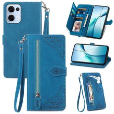 Per OPPO Reno13 Custodia in pelle con cerniera e motivo floreale in rilievo (blu)