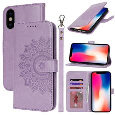 Per iPhone X / XS Custodia per telefono in pelle con stampa goffrata a doppia piega (viola)