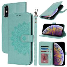 Per iPhone XS Max Custodia per telefono in pelle con stampa a doppia piega e rilievo (verde menta)