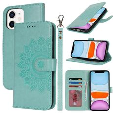Per iPhone 11 Custodia per telefono in pelle con stampa a doppia piega e rilievo (verde menta)