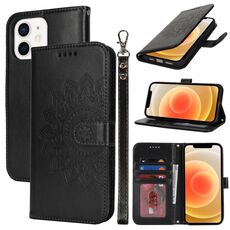 Per iPhone 12 mini Custodia per telefono in pelle con stampa goffrata a doppia piega (nera)