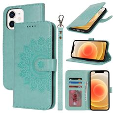 Per iPhone 12 mini Custodia per telefono in pelle con stampa goffrata a doppia piega (verde menta)