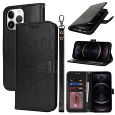 Per iPhone 12 / 12 Pro Custodia per telefono in pelle con stampa goffrata a doppia piega (nero)