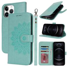 Per iPhone 12 / 12 Pro Custodia per telefono in pelle con stampa goffrata a doppia piega (verde menta)