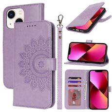 Per iPhone 13 Custodia per telefono in pelle con stampa goffrata a doppia piega (viola)