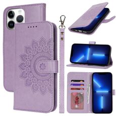 Per iPhone 13 Pro Custodia per telefono in pelle con stampa goffrata a doppia piega (viola)