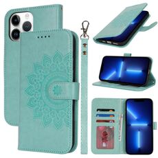 Per iPhone 13 Pro Custodia per telefono in pelle con stampa a doppia piega (verde menta)