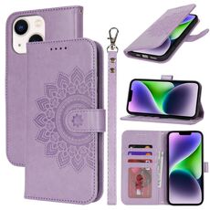 Per iPhone 14 Custodia per telefono in pelle con stampa goffrata a doppia piega (viola)