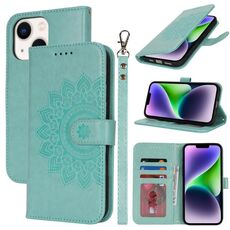 Per iPhone 14 Custodia per telefono in pelle con stampa a doppia piega e rilievo (verde menta)