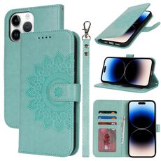 Per iPhone 14 Pro Custodia per telefono in pelle con stampa a doppia piega (verde menta)