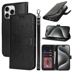Per iPhone 15 Pro Custodia per telefono in pelle con stampa a doppia piega (nero)
