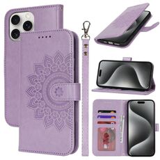 Per iPhone 15 Pro Custodia per telefono in pelle con stampa a doppia piega (viola)