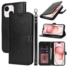 Per iPhone 15 Plus Custodia per telefono in pelle con stampa a doppia piega (nera)