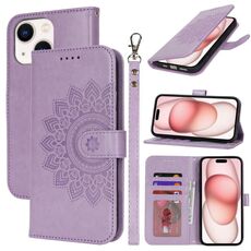 Per iPhone 15 Plus Custodia per telefono in pelle con stampa a doppia piega (viola)