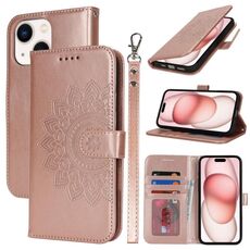 Per iPhone 15 Plus Custodia per telefono in pelle con stampa a doppia piega (oro rosa)