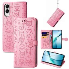 Per Samsung Galaxy S25 Edge 5G Custodia in pelle goffrata con motivo a gatto e cane (rosa)