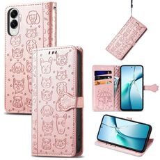 Per Samsung Galaxy S25 Edge 5G Custodia in pelle goffrata con motivo a gatto e cane (oro rosa)