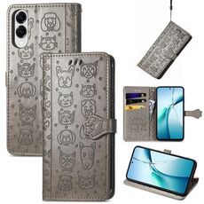 Per Samsung Galaxy S25 Edge 5G Custodia in pelle goffrata con motivo a gatto e cane (grigio)