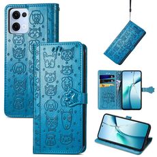Per OPPO Reno13 Custodia in pelle goffrata con motivo a gatto e cane (blu)