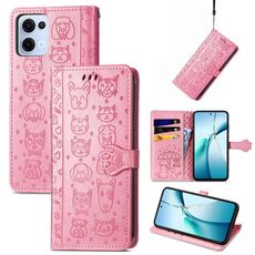 Per OPPO Reno13 Custodia in pelle goffrata con motivo a gatto e cane (rosa)