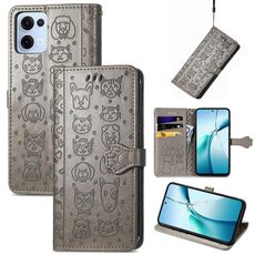 Per OPPO Reno13 Custodia in pelle goffrata con motivo a gatto e cane (grigio)