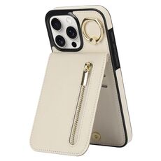 Per iPhone 15 Pro Custodia per telefono con anello retrò e cerniera RFID Card Slot (bianco)