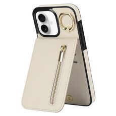 Per iPhone 16 Custodia per telefono con anello retrò e cerniera RFID Card Slot (bianco)