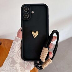 Per iPhone 16 Custodia per telefono in TPU 3D Love tinta unita con cordino (nero)