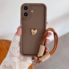 Per iPhone 16 Custodia per telefono in TPU 3D Love tinta unita con cordino (marrone)