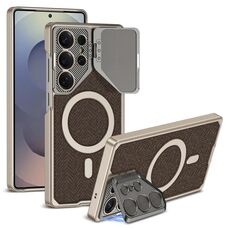 Per Samsung Galaxy S25 Ultra 5G GKK Metal Paint Pelle Nylon Tessuto Supporto Obiettivo MagSafe Custodia per Telefono (Marrone)