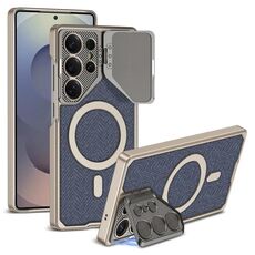 Per Samsung Galaxy S25 Ultra 5G GKK Metal Paint Pelle Nylon Tessuto Supporto Obiettivo MagSafe Custodia per Telefono (Blu)