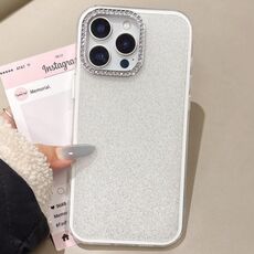 Per iPhone 16 Pro Max Custodia per telefono con copertura totale glitterata con cornice per fotocamera in strass incorporati (bianca)