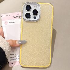 Per iPhone 16 Pro Custodia per telefono con copertura totale glitterata con cornice per fotocamera in strass incorporati (giallo)