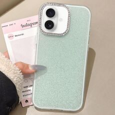 Per iPhone 16 Plus Custodia per telefono con copertura totale glitterata con cornice per fotocamera in strass incorporati (verde)