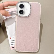 Per iPhone 16 Custodia per telefono con copertura totale glitterata con cornice per fotocamera in strass incorporata (rosa)